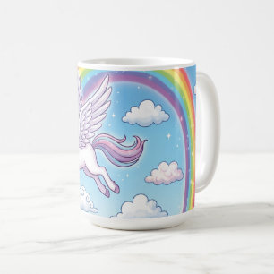 Cartoon vliegende eenhoorn met regenboog koffiemok
