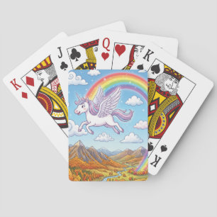 Cartoon vliegende eenhoorn met regenboog pokerkaarten