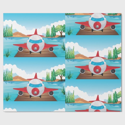 Cartoon Vliegtuig op Lake Dock Fun Travel Adventur Cadeaupapier (Vlak)