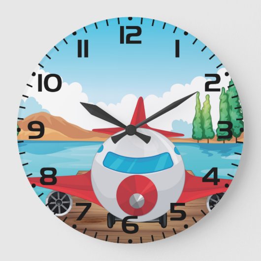 Cartoon Vliegtuig op Lake Dock Fun Travel Adventur Grote Klok (Voorkant)