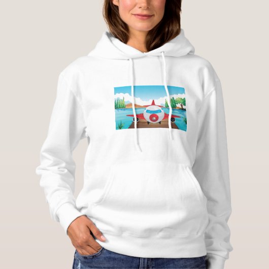 Cartoon Vliegtuig op Lake Dock Fun Travel Adventur Hoodie (Voorkant)