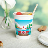 Cartoon Vliegtuig op Lake Dock Fun Travel Adventur Papieren Bekers