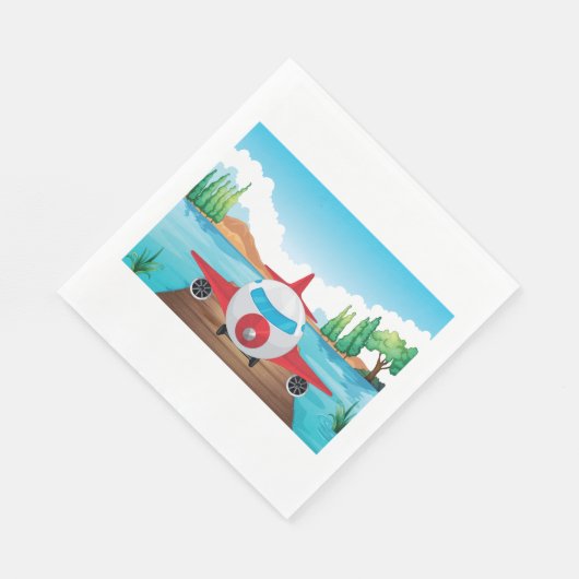 Cartoon Vliegtuig op Lake Dock Fun Travel Adventur Servet (Hoek)