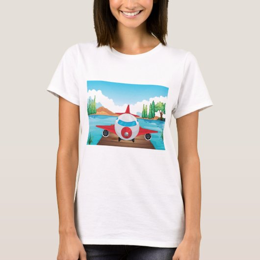 Cartoon Vliegtuig op Lake Dock Fun Travel Adventur T-shirt (Voorkant)