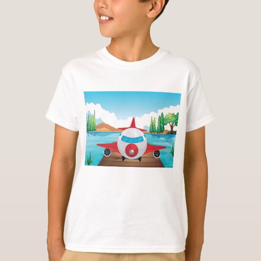 Cartoon Vliegtuig op Lake Dock Fun Travel Adventur T-shirt (Voorkant)