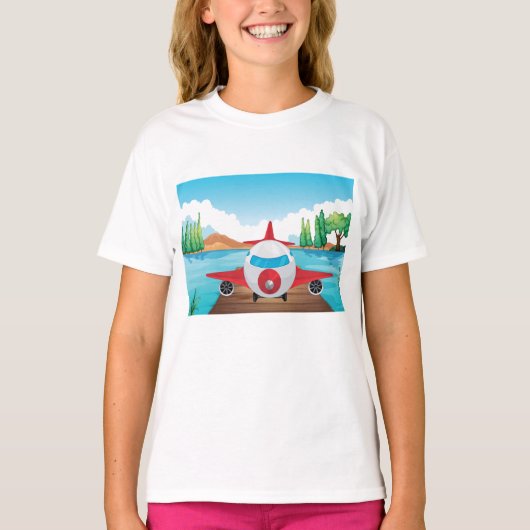 Cartoon Vliegtuig op Lake Dock Fun Travel Adventur T-shirt (Voorkant)