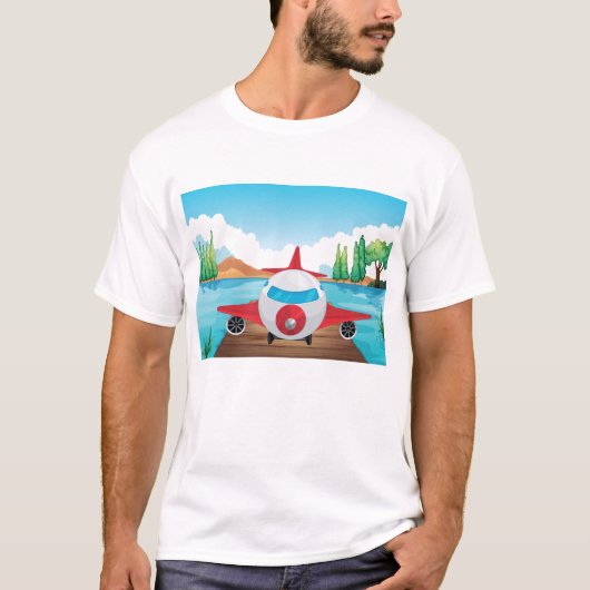 Cartoon Vliegtuig op Lake Dock Fun Travel Adventur T-shirt (Voorkant)