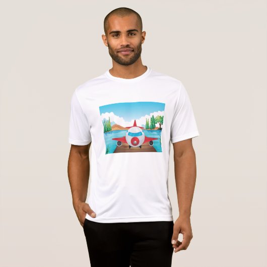 Cartoon Vliegtuig op Lake Dock Fun Travel Adventur T-shirt (Voorkant volledig)