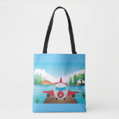 Cartoon Vliegtuig op Lake Dock Fun Travel Adventur Tote Bag (Voorkant)