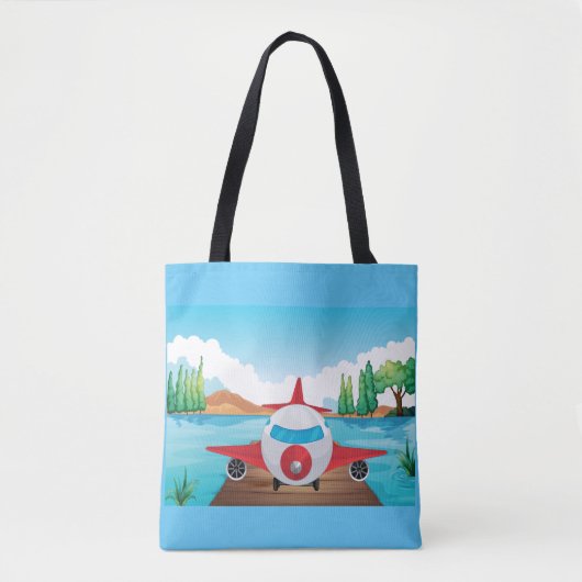 Cartoon Vliegtuig op Lake Dock Fun Travel Adventur Tote Bag (Voorkant)