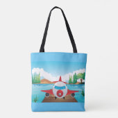 Cartoon Vliegtuig op Lake Dock Fun Travel Adventur Tote Bag (Achterkant)