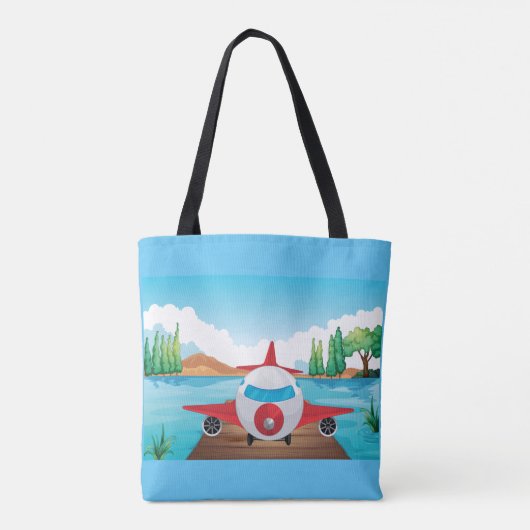 Cartoon Vliegtuig op Lake Dock Fun Travel Adventur Tote Bag (Achterkant)