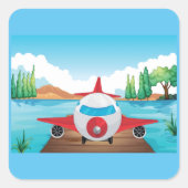 Cartoon Vliegtuig op Lake Dock Fun Travel Adventur Vierkante Sticker (Voorkant)