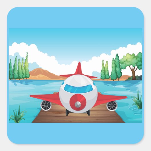 Cartoon Vliegtuig op Lake Dock Fun Travel Adventur Vierkante Sticker (Voorkant)