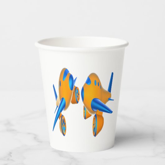 Cartoon Vliegtuigen Levendig Sinaasappel en Blauw Papieren Bekers (Voorkant)