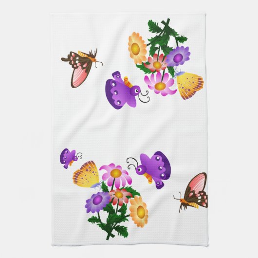 Cartoon vlinder en bloemen Amerikaanse MoJo Kitch Theedoek (Verticaal)