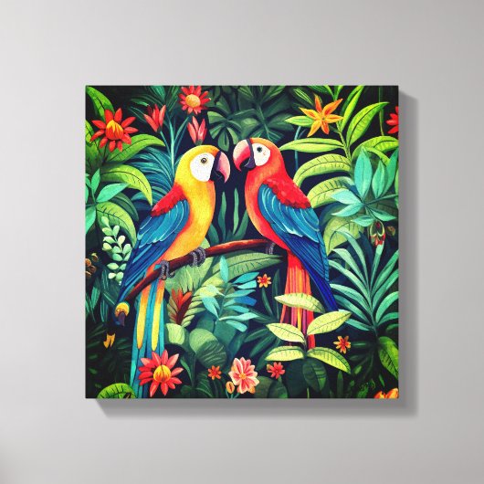 Cartoon Vogels In Jungle Kunst Canvas Afdruk (Voorkant)