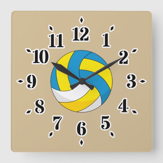 Cartoon Volleyball Ball Vierkante Klok (Voorkant)
