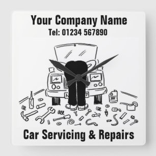 Cartoon voor autoonderhoud en reparatie vierkante klok