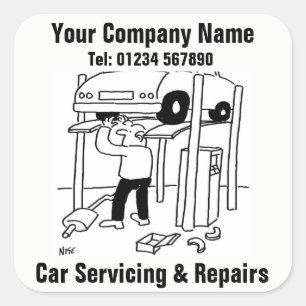 Cartoon voor autoonderhoud en reparatie vierkante sticker
