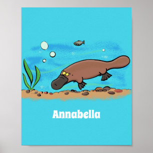 Cartoon voor het zwemmen van cute platypus poster