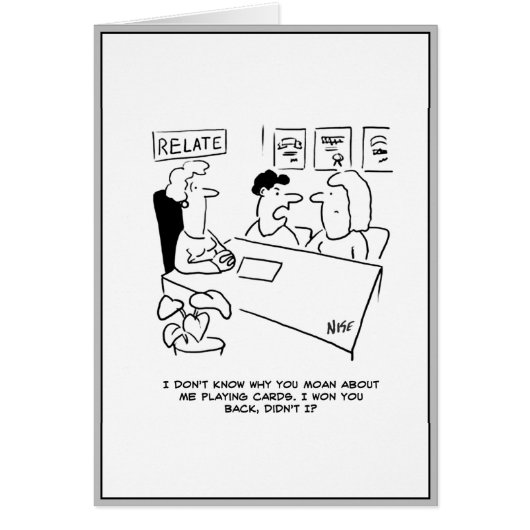 Cartoon voor huwelijksbegeleiding. Echtgenoot gokt (Voorkant)