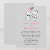 Cartoon voor roze en grijze bruiloft kaart (Voorkant / Achterkant)