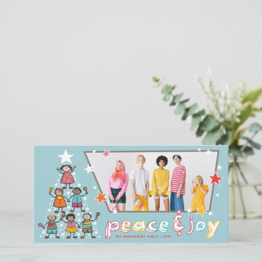 Cartoon voor vrede en vreugde - kerstboom Kinder f Feestdagenkaart (Staand voorkant)