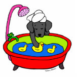 Cartoon voor zwart lab en rubber fotobeeldje magneet<br><div class="desc">Whimsy en grappige Labrador Retriever Dog Cartoon gemaakt door Naomi Ochiai uit Japan. Geweldige cadeautjes voor hondenliefhebbers die van Black Labradors houden. Een schattige zwarte labrador puppy speelt met rubbereenden in de badkamer met een douchetanie op zijn/haar hoofd! Geweldige combinatie van Labrador-hond, eenden en water!! Cute and zoete Labrador Cartoon...</div>