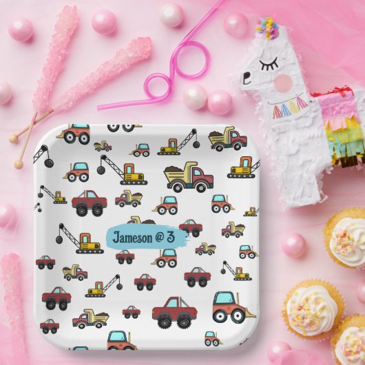 Cartoon Vrachtwagen Auto kraan Voertuignaam Verjaa Papieren Bordje (Feest)