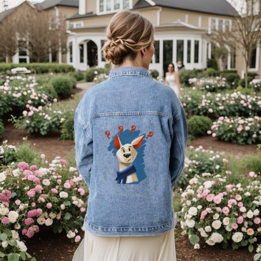 Cartoon vragende hond op blauwe achtergrond denim jacket (Huwelijk Achterkant)