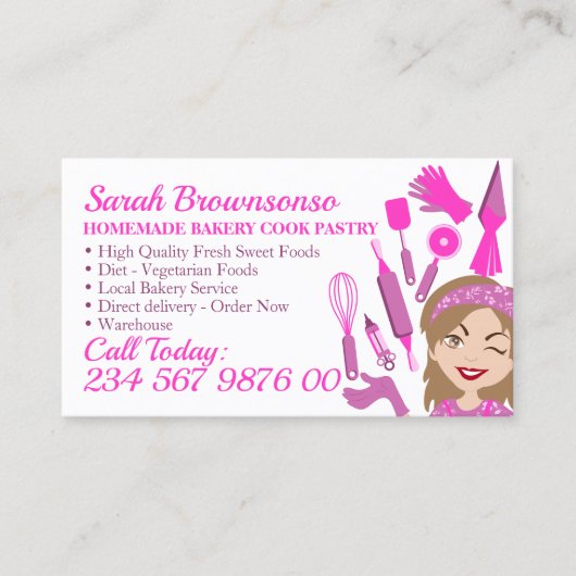 Cartoon Vrouw Chef Roze Bakkerij Cake Gebak Koken Visitekaartje (Voorkant)