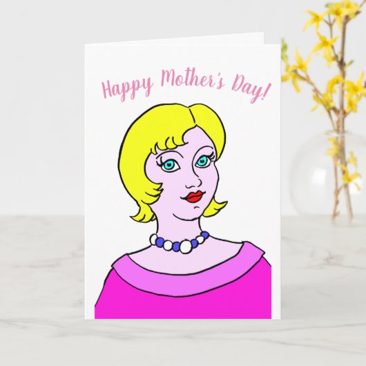 Cartoon Vrouw Moederdag Kaart (Gele Bloem)