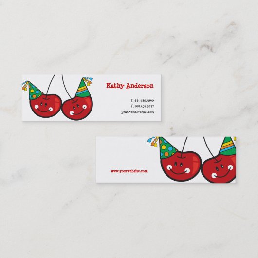Cartoon vun en rode kaekkersen met partijPetten Mini Visitekaartje (Voorkant / Achterkant)