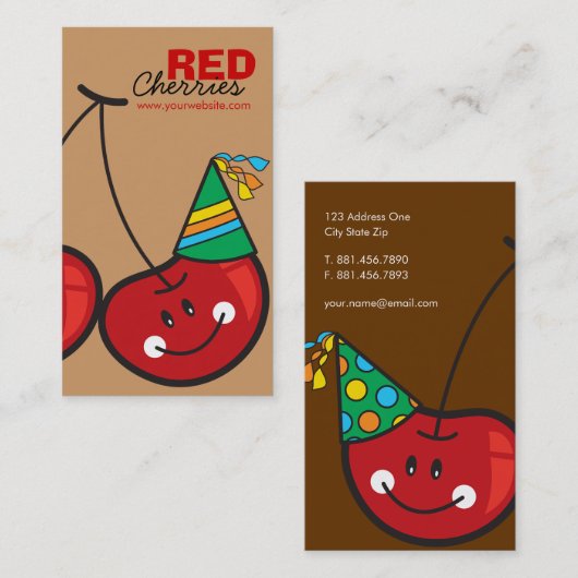 Cartoon vun en rode kaekkersen met partijPetten Visitekaartje (Voorkant / Achterkant)
