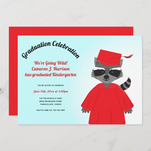 Cartoon Wasbeer Rood Zwart Blauw Kind Afstuderen Kaart (Voorkant / Achterkant)