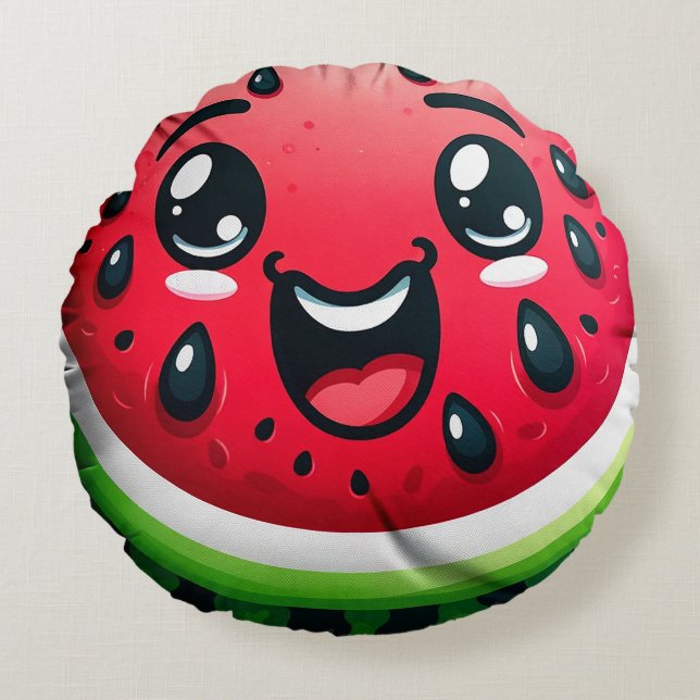 Cartoon Watermeloen Slice Rond Kussen - Whimsical (Voorkant)