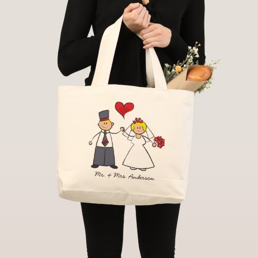Cartoon-weddenschap-bride en Groom-rood hart Grote Tote Bag (Voorkant (product))