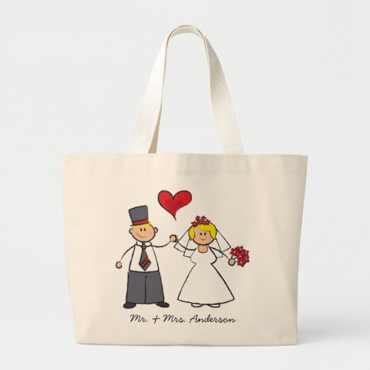 Cartoon-weddenschap-bride en Groom-rood hart Grote Tote Bag (Voorkant)
