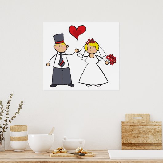Cartoon-weddenschap-bride en Groom-rood hart Poster (Keuken)