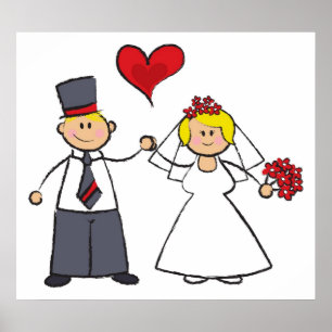 Cartoon-weddenschap-bride en Groom-rood hart Poster