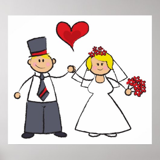 Cartoon-weddenschap-bride en Groom-rood hart Poster (Voorkant)