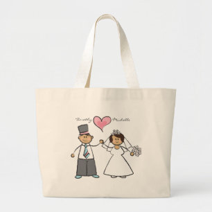 Cartoon Weddenschap Paars Bride & Groom Pink Heart Grote Tote Bag