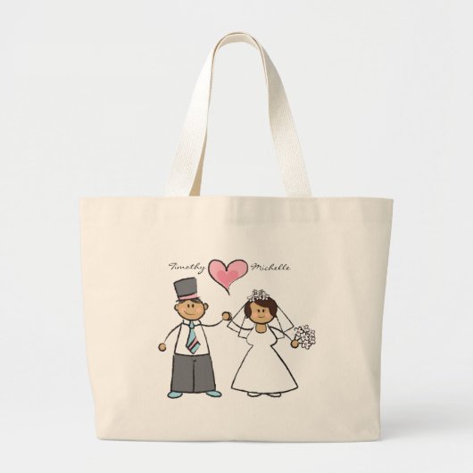 Cartoon Weddenschap Paars Bride & Groom Pink Heart Grote Tote Bag (Voorkant)