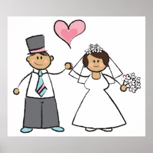 Cartoon Weddenschap Paars Bride & Groom Pink Heart Poster