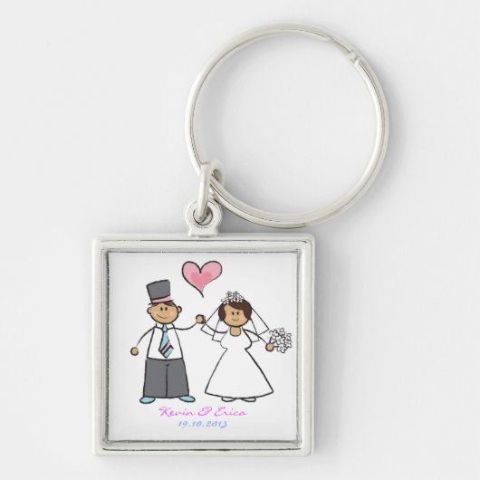 Cartoon Weddenschap Paars Bride & Groom Pink Heart Sleutelhanger (Voorkant)