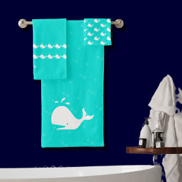 Cartoon Whale Aqua Blauwgroen Blue Bad Handdoek