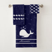 Cartoon Whale Ocean Navy Blauw wit Bad Handdoek (Insitu)