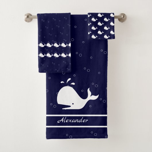 Cartoon Whale Ocean Navy Blauw wit Bad Handdoek (Insitu)