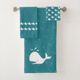 Cartoon Whale OceanTeal Blue Bad Handdoek